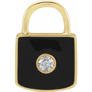 Ladies Natural Diamond Black Enamel Lock Charm/Pendant — 14K Yellow Gold