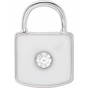Ladies Natural Diamond White Enamel Lock Charm/Pendant — 14K White Gold
