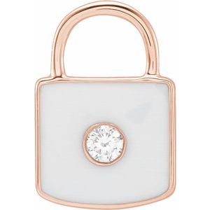 Ladies Natural Diamond White Enamel Lock Charm/Pendant — 14K Rose Gold