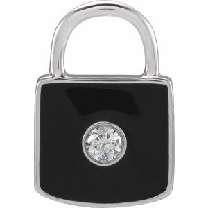 Ladies Natural Diamond Black Enamel Lock Charm/Pendant — 14K White Gold