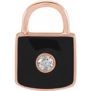 Ladies Natural Diamond Black Enamel Lock Charm/Pendant — 14K Rose Gold