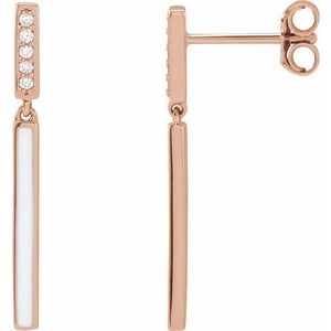 Ladies Natural Diamond White Enamel Bar Earrings — 14K Rose Gold