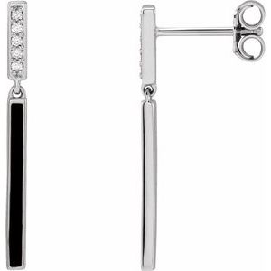 Ladies Natural Diamond Black Enamel Bar Earrings — 14K White Gold