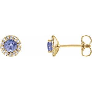 Ladies 4 mm Natural Tanzanite Natural Diamond Earrings — 14K Yellow Gold