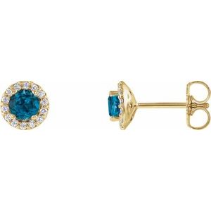 Ladies 4 mm Natural London Blue Topaz Natural Diamond Earrings — 14K Yellow Gold