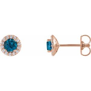 Ladies 4 mm Natural London Blue Topaz Natural Diamond Earrings — 14K Rose Gold