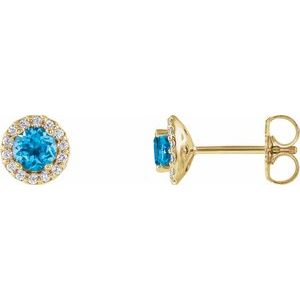 Ladies 4 mm Natural Swiss Blue Topaz Natural Diamond Earrings — 14K Yellow Gold