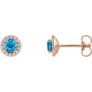 Ladies 4 mm Natural Swiss Blue Topaz Natural Diamond Earrings — 14K Rose Gold