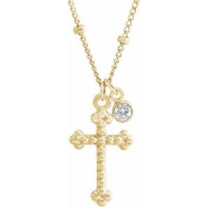 Ladies Natural Diamond Beaded Cross Necklace (I1, G-H) — 14K Yellow Gold