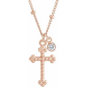 Ladies Natural Diamond Beaded Cross Necklace (I1, G-H) — 14K Rose Gold