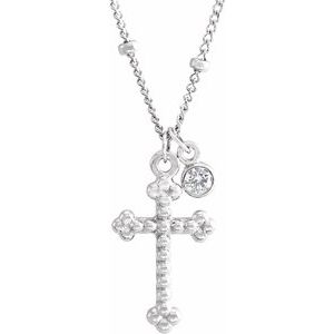 Ladies Natural Diamond Beaded Cross Necklace (I1, G-H) — 14K White Gold