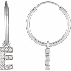 Ladies Natural Diamond Single Initial E Hoop Earring (I1, H+) — 14K White Gold