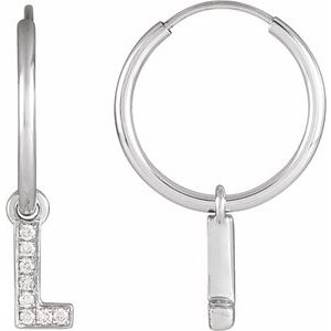 Ladies Natural Diamond Single Initial L Hoop Earring (I1, H+) — 14K White Gold
