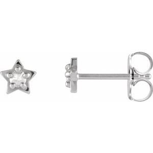Ladies Rose-Cut Natural Diamond Petite Star Earrings — 14K White Gold