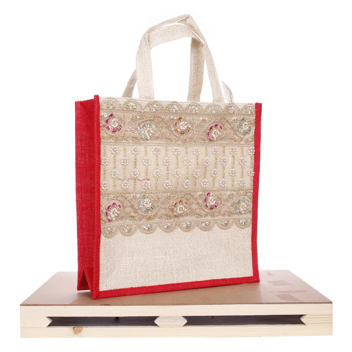 Natural Jute Tote Bag – Burlap Tote with Red Gusset, Zipper & Lace (Pack of 2)