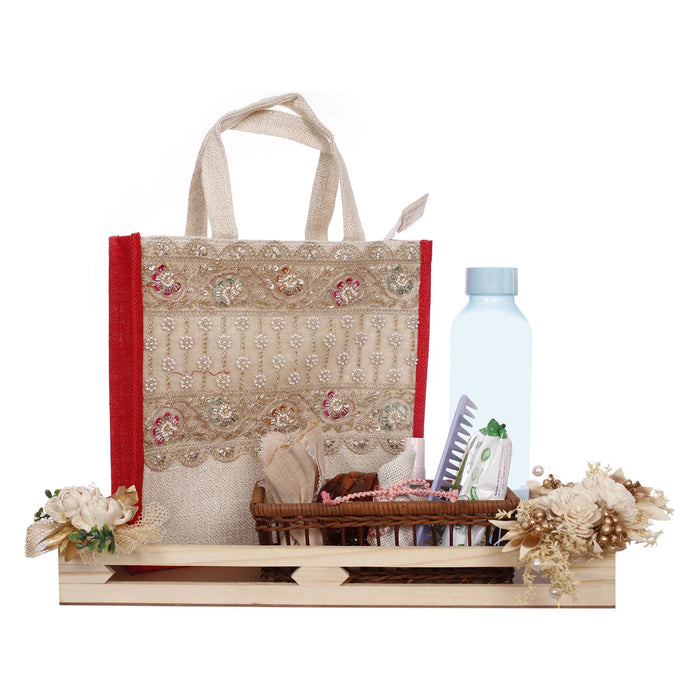 Natural Jute Tote Bag – Burlap Tote with Red Gusset, Zipper & Lace (Pack of 2)