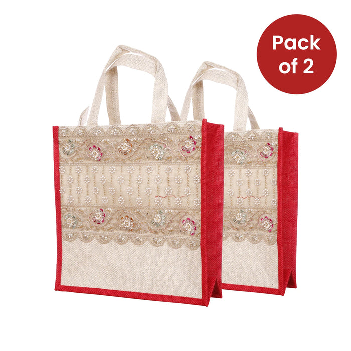 Natural Jute Tote Bag – Burlap Tote with Red Gusset, Zipper & Lace (Pack of 2)