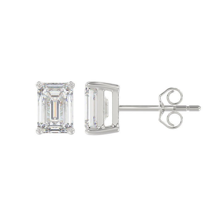 2 CT Lab Diamond Emerald Cut Stud Earrings in 14K White Gold