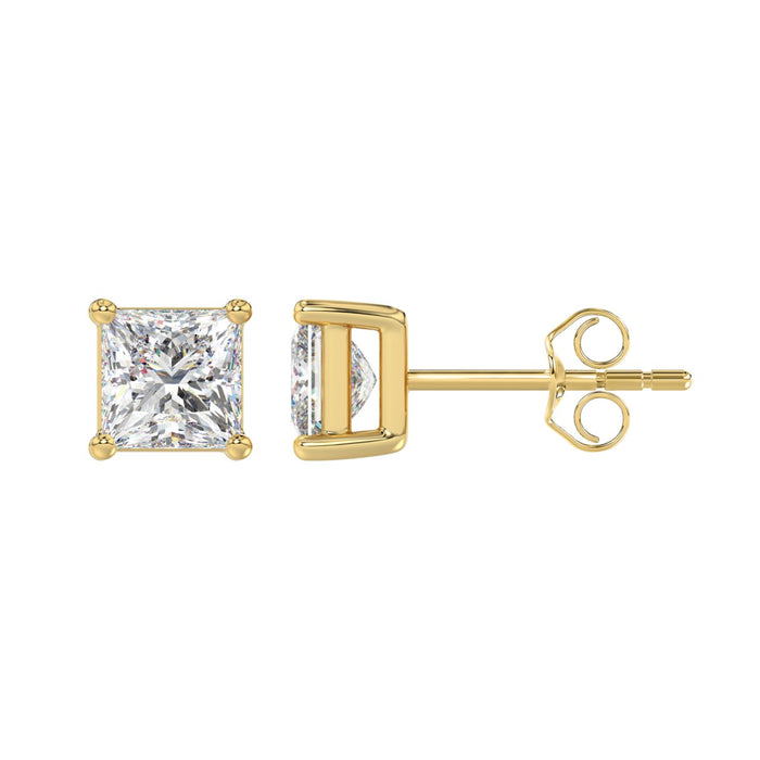 2.5 CT Princess Lab Diamond Stud Earrings in 14K Yellow Gold