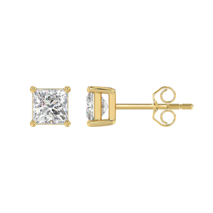 2 CT Princess Lab Diamond Stud Earrings in 10K Yellow Gold