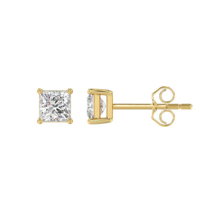 1 CT Princess Lab Diamond Stud Earrings in 14K Yellow Gold