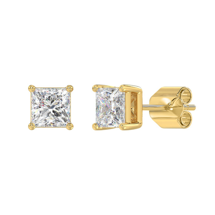 2.5 CT Princess Lab Diamond Stud Earrings in 14K Yellow Gold