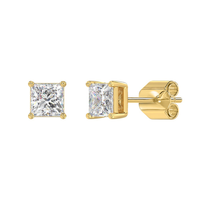 2 CT Princess Lab Diamond Stud Earrings in 14K Yellow Gold