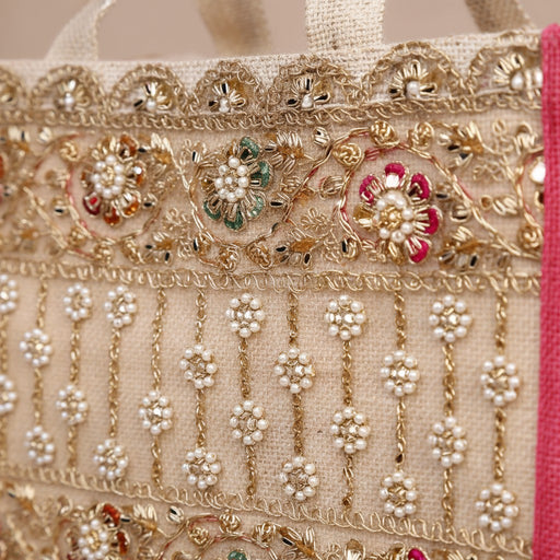 Reusable Jute Tote Bags – Natural Burlap with Pink Gusset, Zipper & Lace Trim (Pack of 2) Databazaar