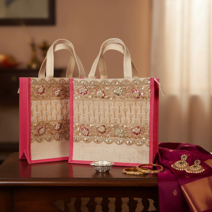 Reusable Jute Tote Bags – Natural Burlap with Pink Gusset, Zipper & Lace Trim (Pack of 2) Databazaar
