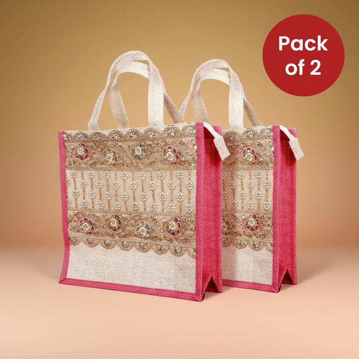 Reusable Jute Tote Bags – Natural Burlap with Pink Gusset, Zipper & Lace Trim (Pack of 2) Databazaar