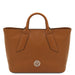 Viva brown pebbled leather frame handbag with silver TL logo, front view.