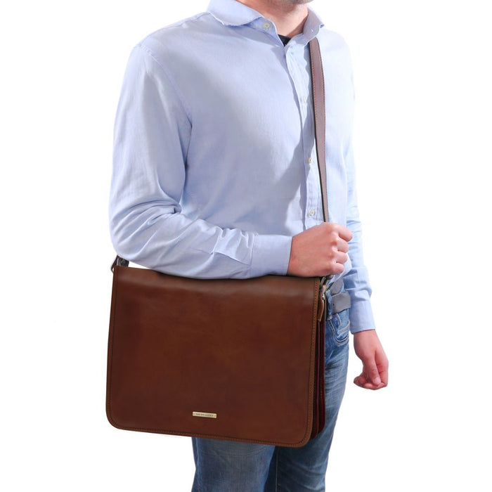 Tl Messenger - Two Compartments Leather Shoulder Bag - Large Size (TL142430)