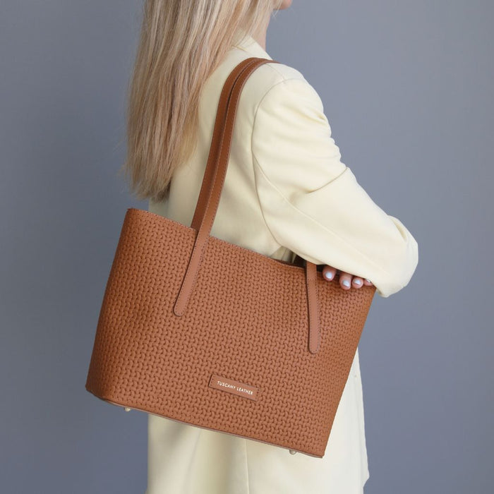 Dedalo - Woven printed leather shopping bag (TL142578)