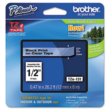 Brother TZE-131 Labeling Tape, 1/2w, Black on Clear