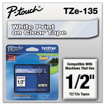 Brother TZE-135 Labeling Tape, 1/2w, White on Clear