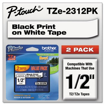 Brother TZE-231 2PK Labeling Tapes, 1/2w, Black on White, 2/Pack