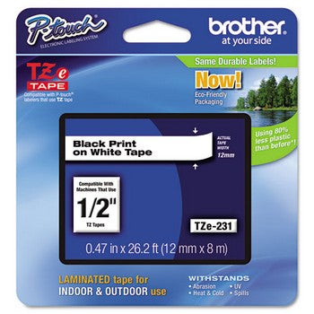 Brother TZE-231 Labeling Tape, 1/2w, Black on White