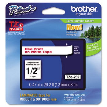 Brother TZE-232 Labeling Tape, 1/2w, Red on White