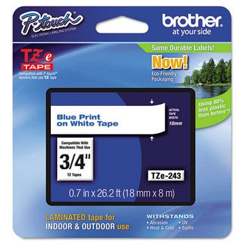 Brother TZE-243 Labeling Tape, 3/4w, Blue on White