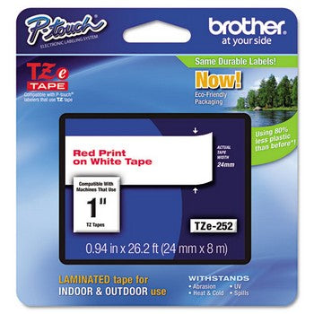 Brother TZE-252 Labeling Tape, 1w, Red on White