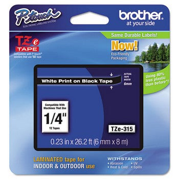 Brother TZE-315 Labeling Tape, 1/4w, White on Black