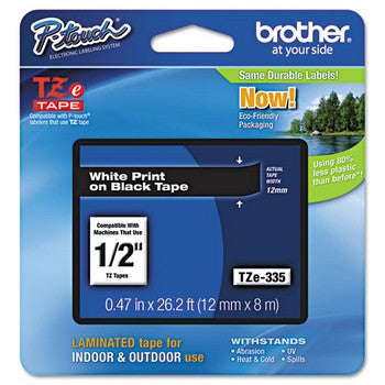 Brother TZE-335 Labeling Tape, 1/2w, White on Black