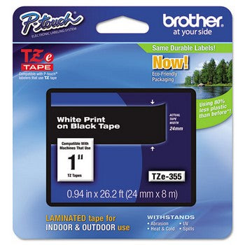 Brother TZE-355 Labeling Tape, 1w, White on Black