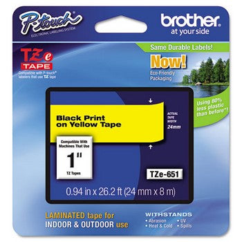 Brother TZE-651 Labeling Tape, 1w, Black on Yellow