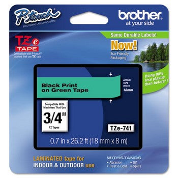 Brother TZE-741 Labeling Tape, 3/4w, Black on Green