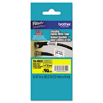 Brother TZE-FX631 Tape Cartridge, 1/2in x 26.2ft, Black on Yellow