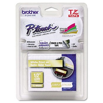 Brother TZE-MQ835 Labeling Tape, 1/2 inch x 16.4 ft, White/Gold